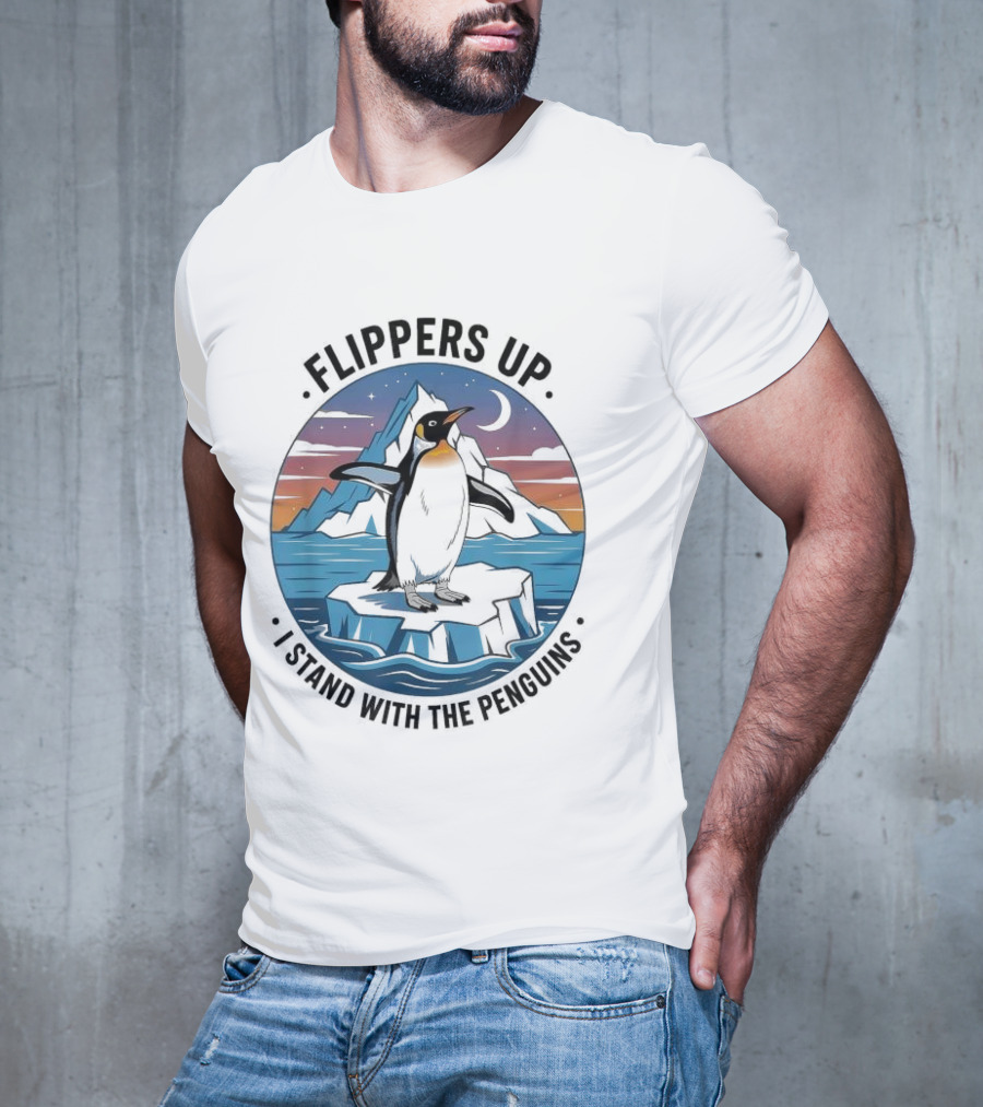 Flippers Up I Stand With The Penguins Iceberg Sunset Scene T-Shirt