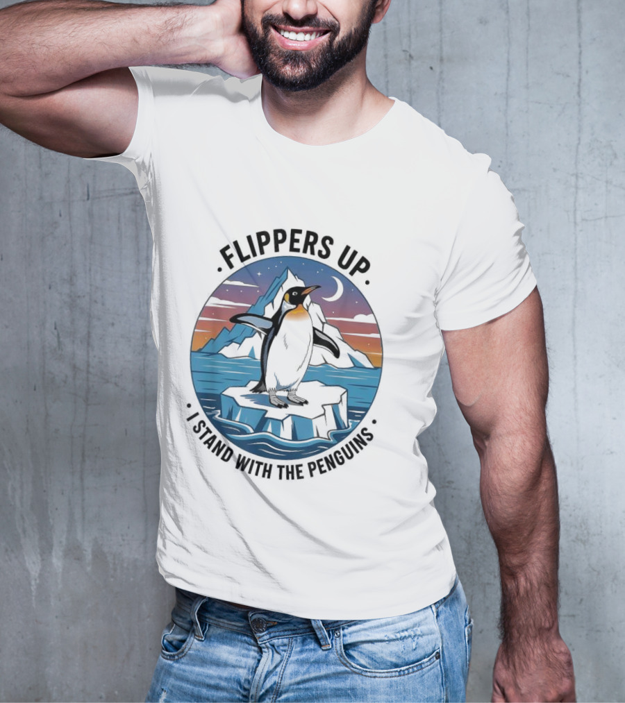 Flippers Up I Stand With The Penguins Iceberg Sunset Scene T-Shirt