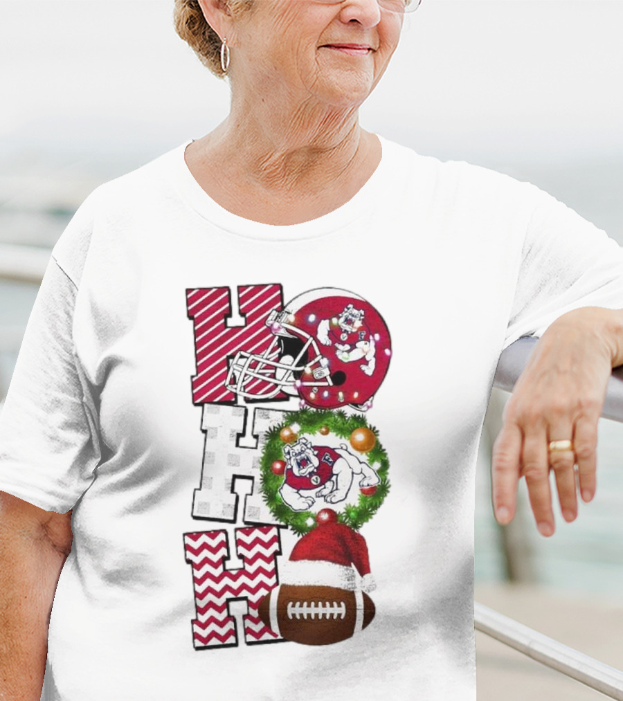Fresno State Bulldogs Football Christmas Helmet Wreath Santa Hat Rugby T-Shirt