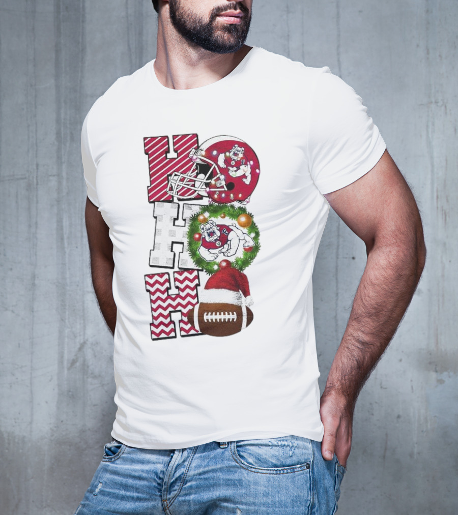 Fresno State Bulldogs Football Christmas Helmet Wreath Santa Hat Rugby T-Shirt
