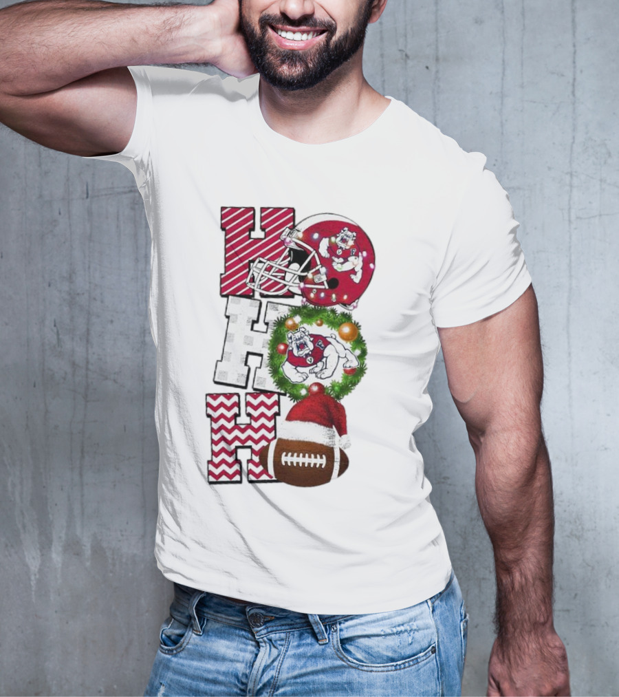 Fresno State Bulldogs Football Christmas Helmet Wreath Santa Hat Rugby T-Shirt