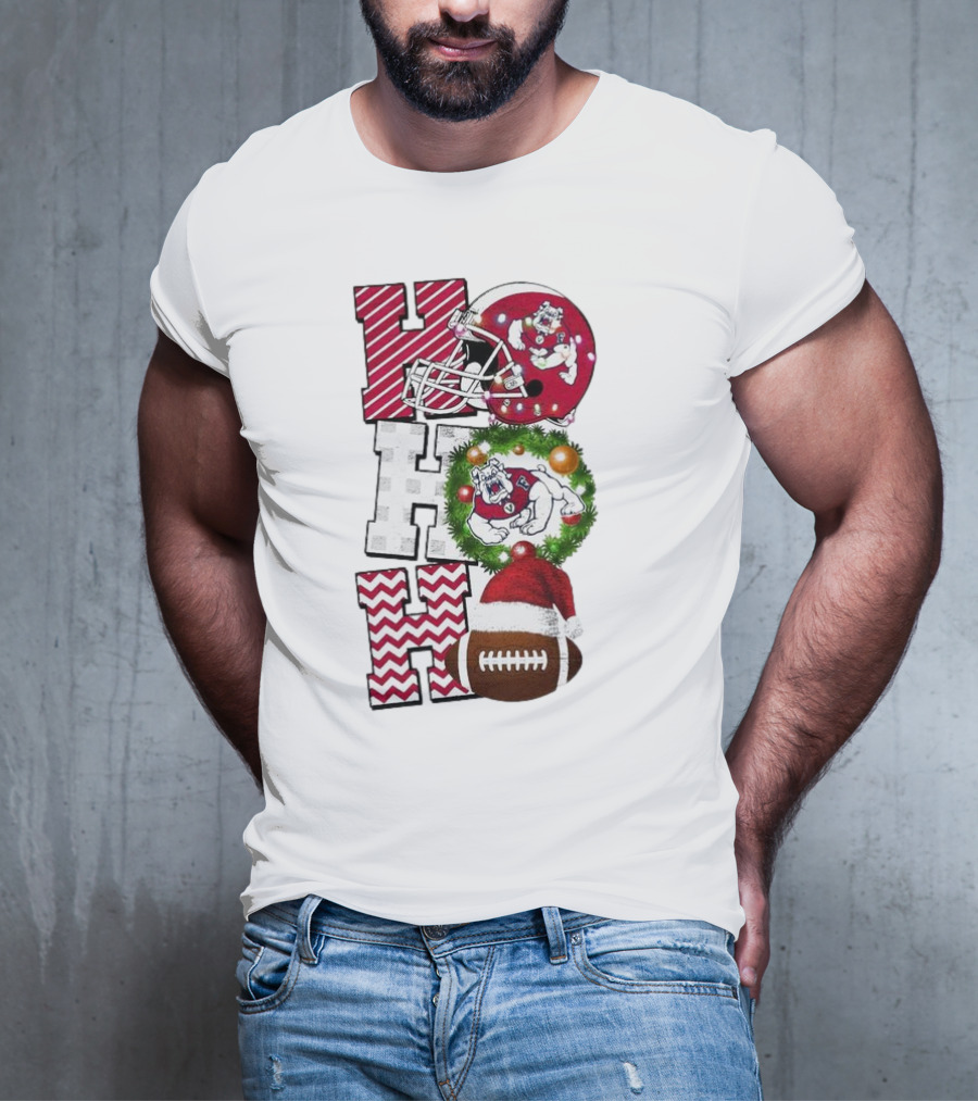 Fresno State Bulldogs Football Christmas Helmet Wreath Santa Hat Rugby T-Shirt