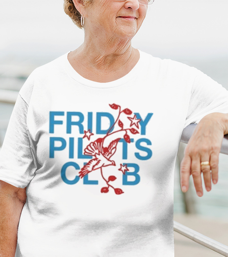 Friday Pilots Club Dove Red Bird Flowers Blue Text T-Shirt