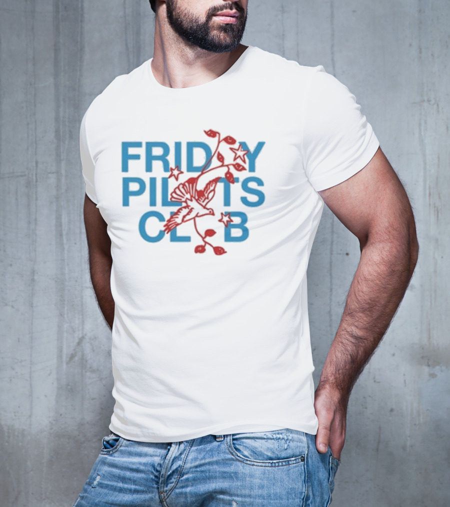 Friday Pilots Club Dove Red Bird Flowers Blue Text T-Shirt