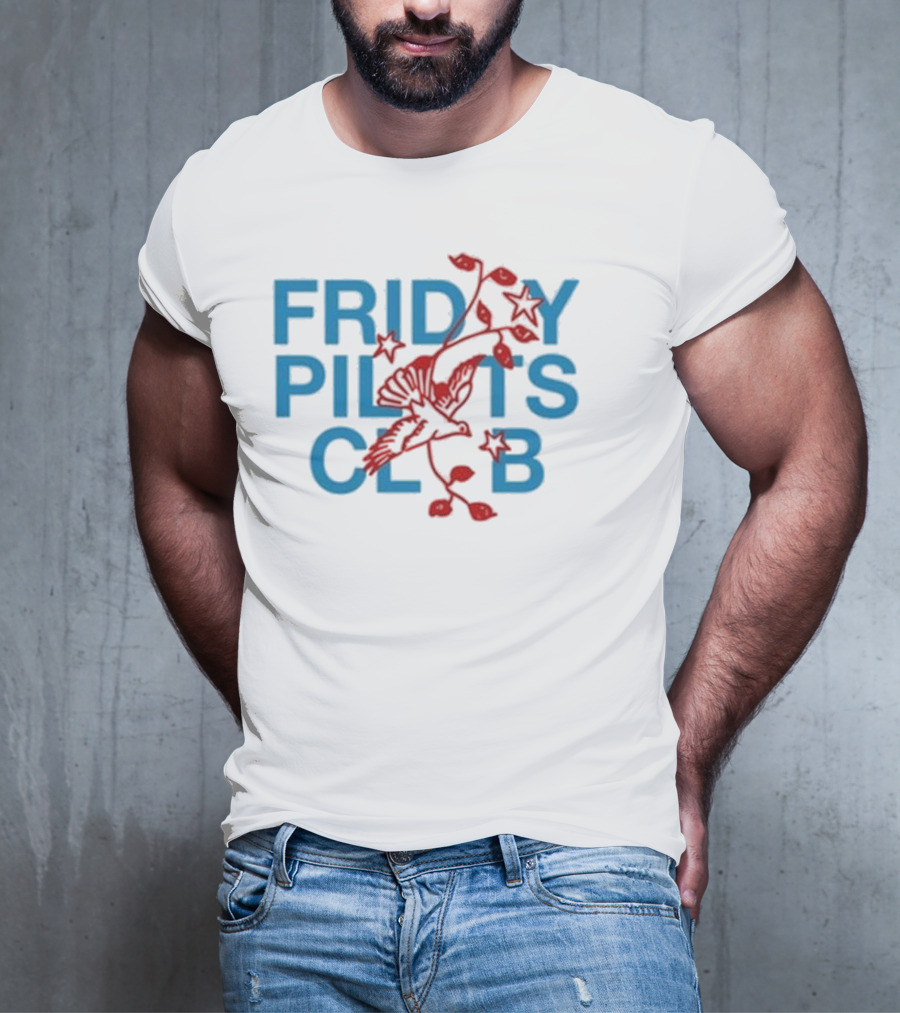 Friday Pilots Club Dove Red Bird Flowers Blue Text T-Shirt