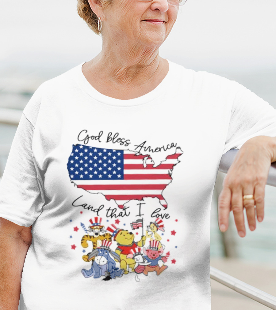 God Bless America Land That I Love Winnie The Pooh USA Flag T-Shirt