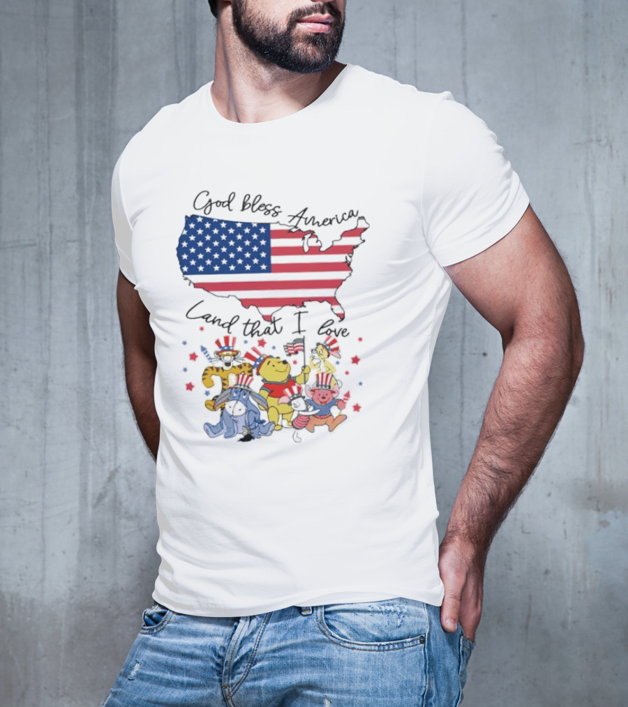 God Bless America Land That I Love Winnie The Pooh USA Flag T-Shirt