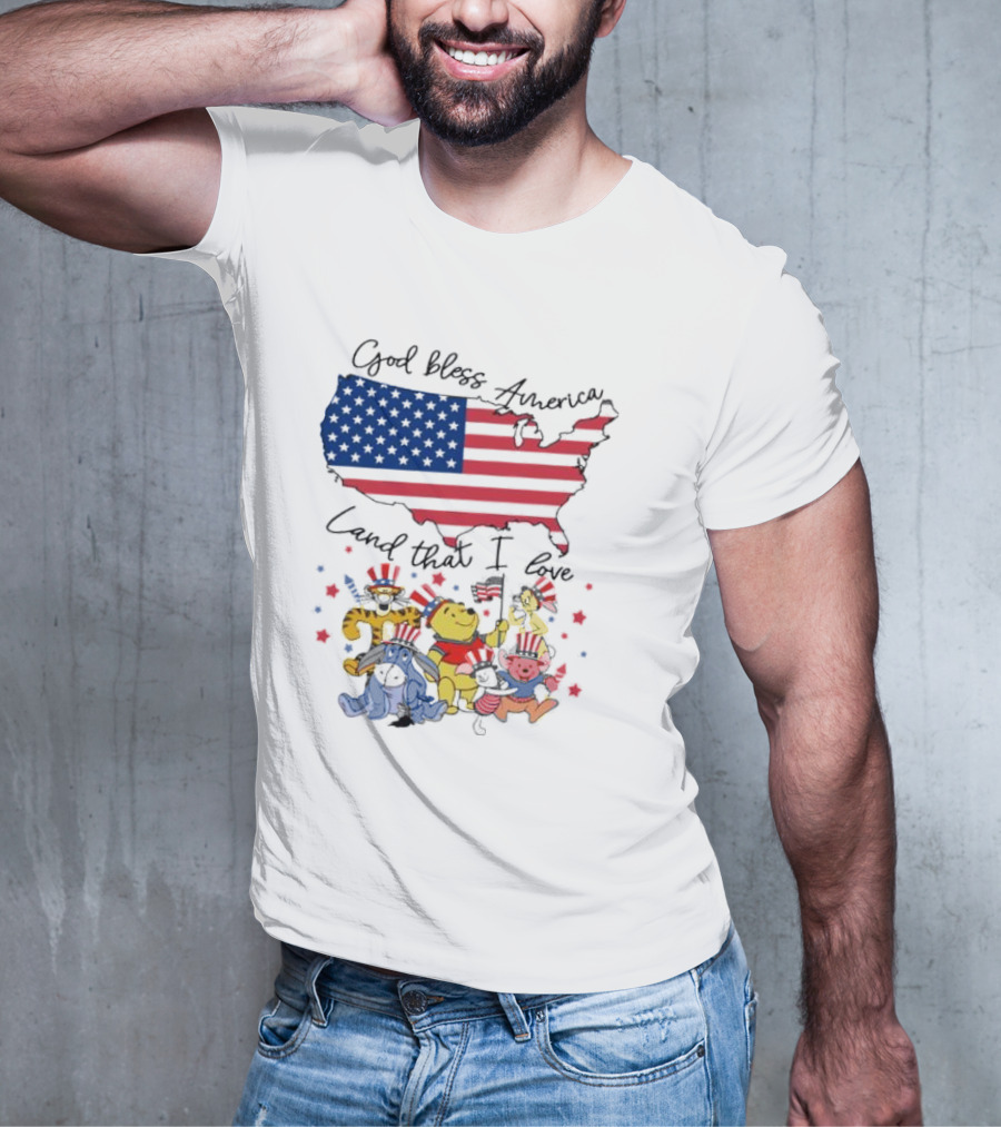 God Bless America Land That I Love Winnie The Pooh USA Flag T-Shirt