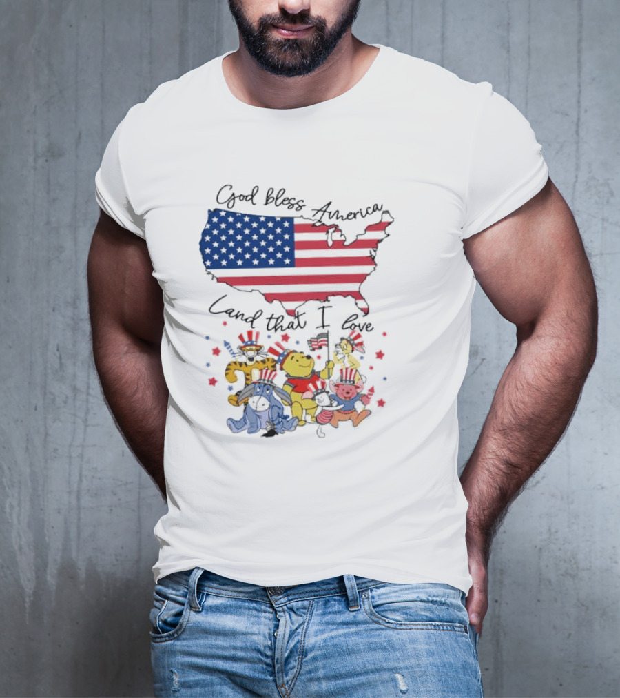 God Bless America Land That I Love Winnie The Pooh USA Flag T-Shirt