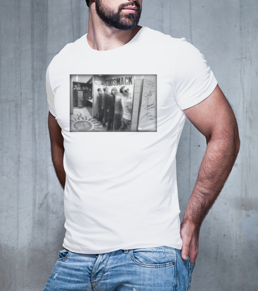 Godsmack Band Autographed Bathroom Photo With Guitar And Sun Symbol T-Shirt