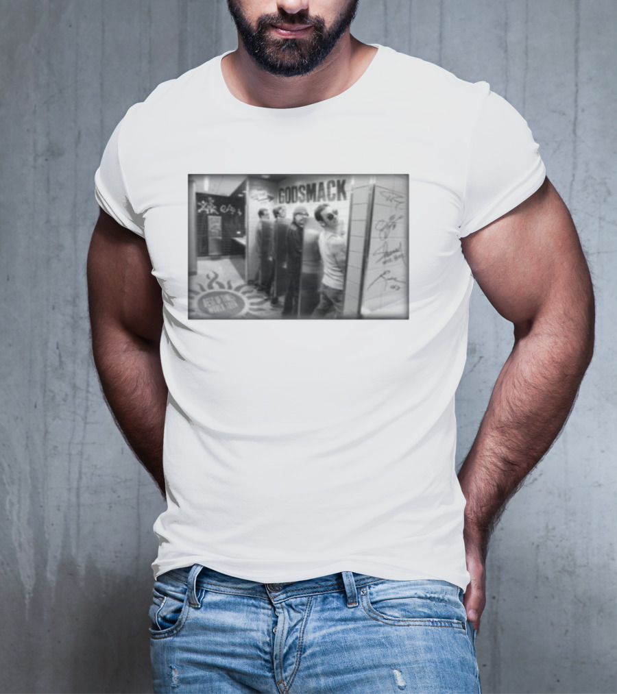 Godsmack Band Autographed Bathroom Photo With Guitar And Sun Symbol T-Shirt